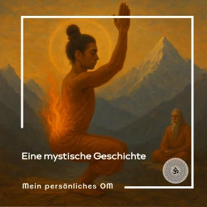 Ein junger Schüler in orangefarbener Robe steht in den Bergen des Himalaya, die Knie gebeugt, die Arme nach oben gestreckt; sein Hintern brennt